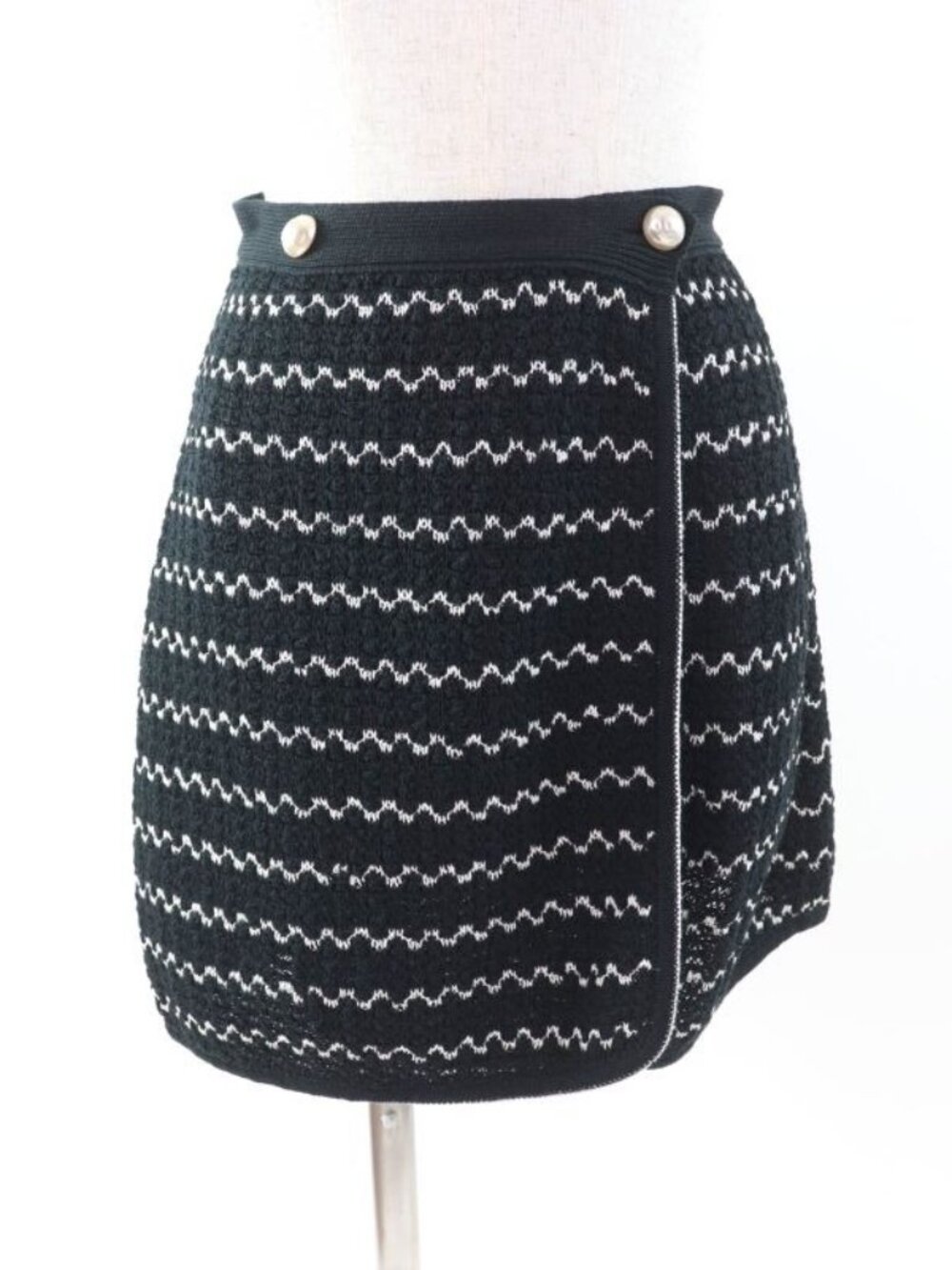 Chanel Trapezoidal Wrap Skirt With Coco Mark Buttons Black White 34